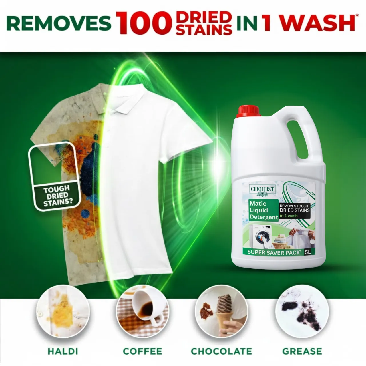 Ciramist Matic Washing Machine Liquid Front & Top Load, With Fresh Fragrance | Remove Tough Dried Stain In 1 WASH | 5 LTR CAN