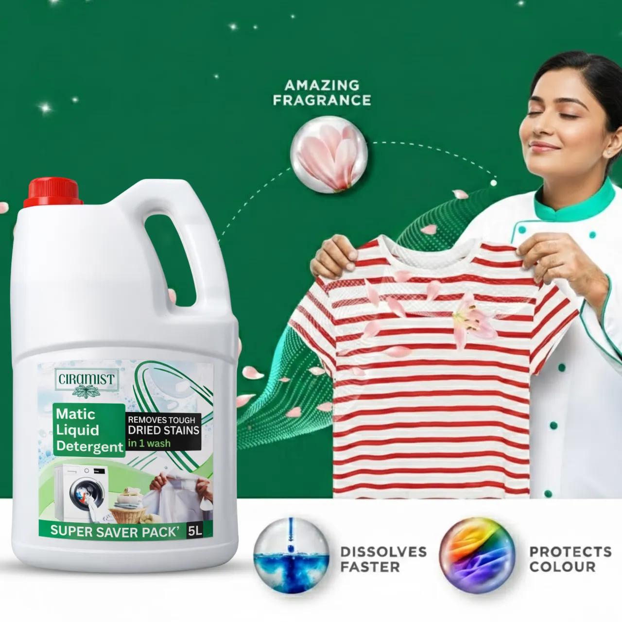 Ciramist Matic Washing Machine Liquid Front & Top Load, With Fresh Fragrance | Remove Tough Dried Stain In 1 WASH | 5 LTR CAN
