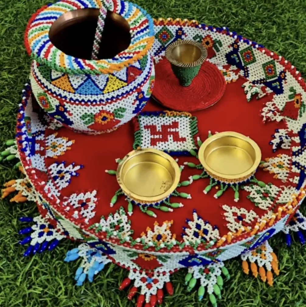 Puja Thali | Handmade Moti Work Pooja Thali | Dal Moti Decorated Thali for Wedding & Rituals | Custom Bead Work Thali (Pre-Order)