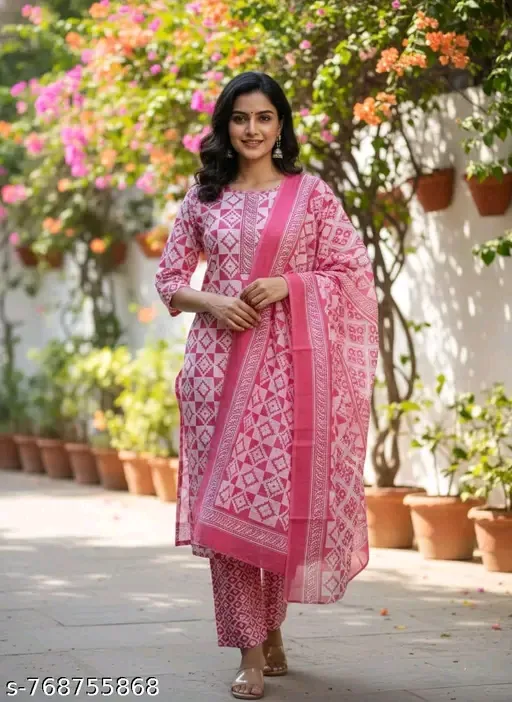 Salwar Kurta Dupatta/Patiala Suit Set/Stitched Salwar Suit LAADO CRATION Pink Cotton Blend Printed Salwar Suit Set for Women