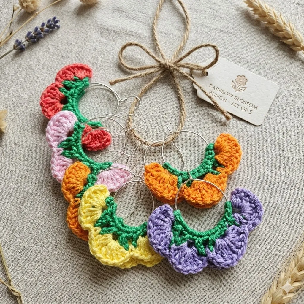 Premium Handmade Crochet Blossom Hoops (Vibrant Festive Combo - Pack of 5)