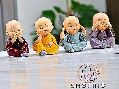Cute Little Buddha Monk Figurines (Set of 4) – "See No, Hear No, Speak No, Think No Evil" Resin Baby Monk Statue Showpiece for Home Decor, Car Dashboard, Office Desk & Gifting