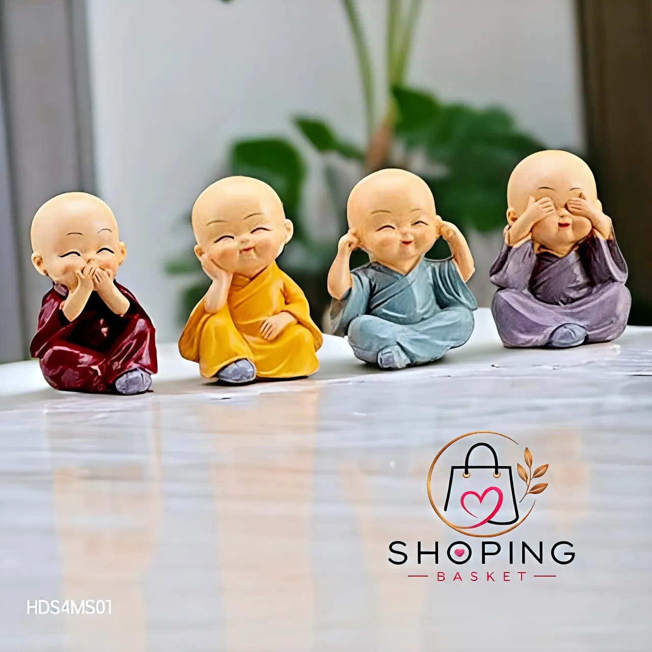 Cute Little Buddha Monk Figurines (Set of 4) – "See No, Hear No, Speak No, Think No Evil" Resin Baby Monk Statue Showpiece for Home Decor, Car Dashboard, Office Desk & Gifting