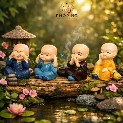 Cute Little Buddha Monk Figurines (Set of 4) – "See No, Hear No, Speak No, Think No Evil" Resin Baby Monk Statue Showpiece for Home Decor, Car Dashboard, Office Desk & Gifting