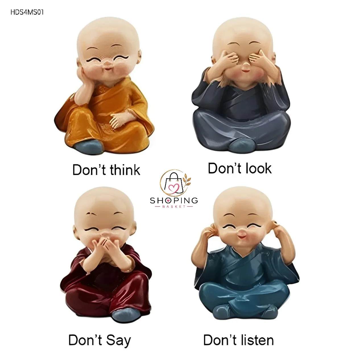 Cute Little Buddha Monk Figurines (Set of 4) – "See No, Hear No, Speak No, Think No Evil" Resin Baby Monk Statue Showpiece for Home Decor, Car Dashboard, Office Desk & Gifting