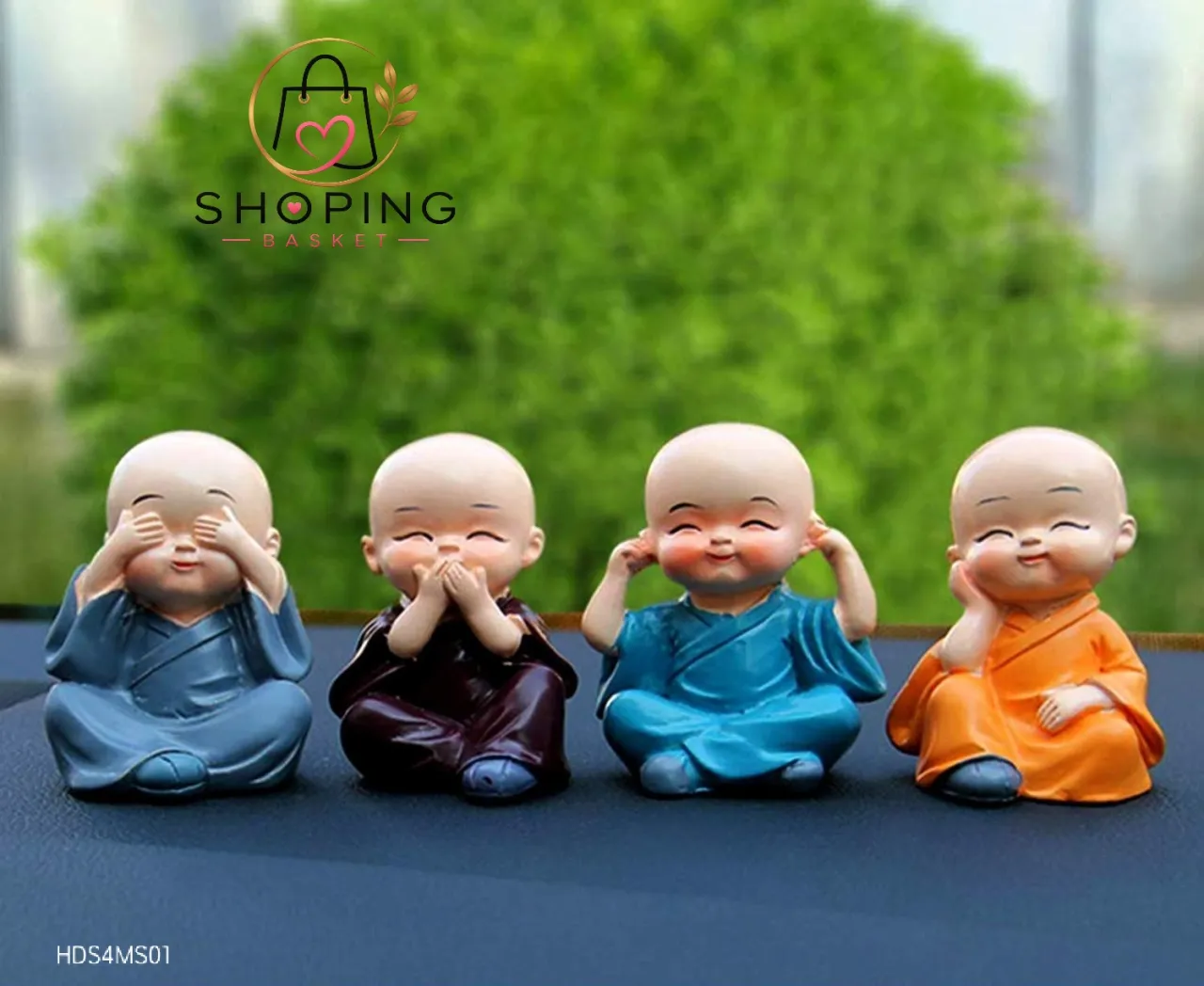 Cute Little Buddha Monk Figurines (Set of 4) – "See No, Hear No, Speak No, Think No Evil" Resin Baby Monk Statue Showpiece for Home Decor, Car Dashboard, Office Desk & Gifting