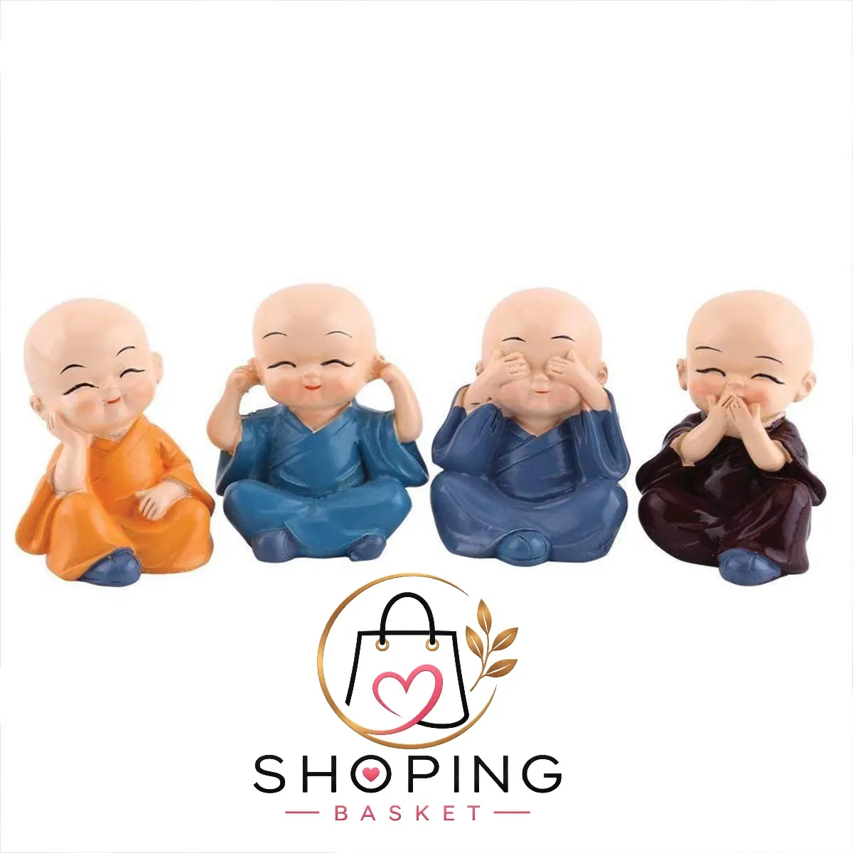 Cute Little Buddha Monk Figurines (Set of 4) – "See No, Hear No, Speak No, Think No Evil" Resin Baby Monk Statue Showpiece for Home Decor, Car Dashboard, Office Desk & Gifting