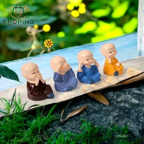 Cute Little Buddha Monk Figurines (Set of 4) – "See No, Hear No, Speak No, Think No Evil" Resin Baby Monk Statue Showpiece for Home Decor, Car Dashboard, Office Desk & Gifting