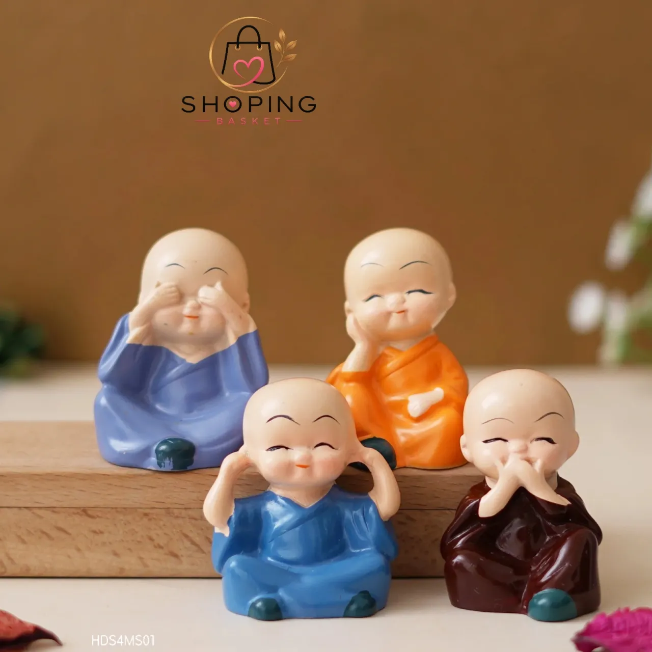 Cute Little Buddha Monk Figurines (Set of 4) – "See No, Hear No, Speak No, Think No Evil" Resin Baby Monk Statue Showpiece for Home Decor, Car Dashboard, Office Desk & Gifting