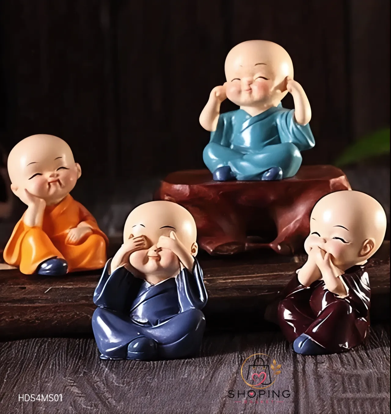 Cute Little Buddha Monk Figurines (Set of 4) – "See No, Hear No, Speak No, Think No Evil" Resin Baby Monk Statue Showpiece for Home Decor, Car Dashboard, Office Desk & Gifting