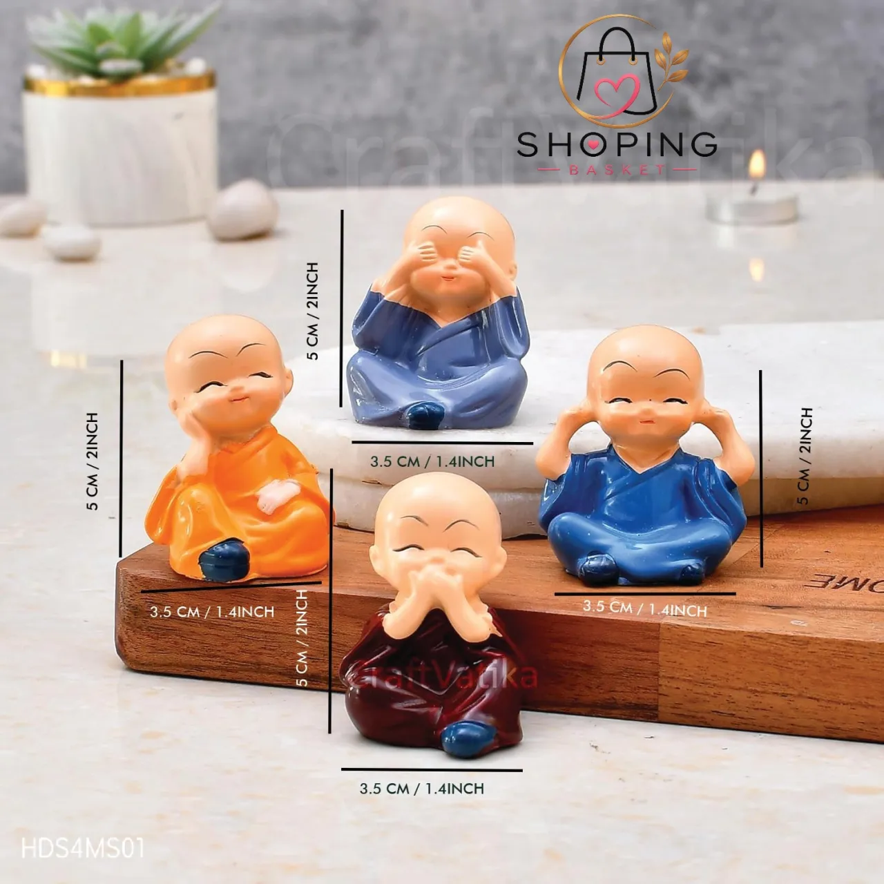 Cute Little Buddha Monk Figurines (Set of 4) – "See No, Hear No, Speak No, Think No Evil" Resin Baby Monk Statue Showpiece for Home Decor, Car Dashboard, Office Desk & Gifting
