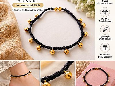 Homemad Black Thread Anklet with Golden Beads Payal for Women &Girls