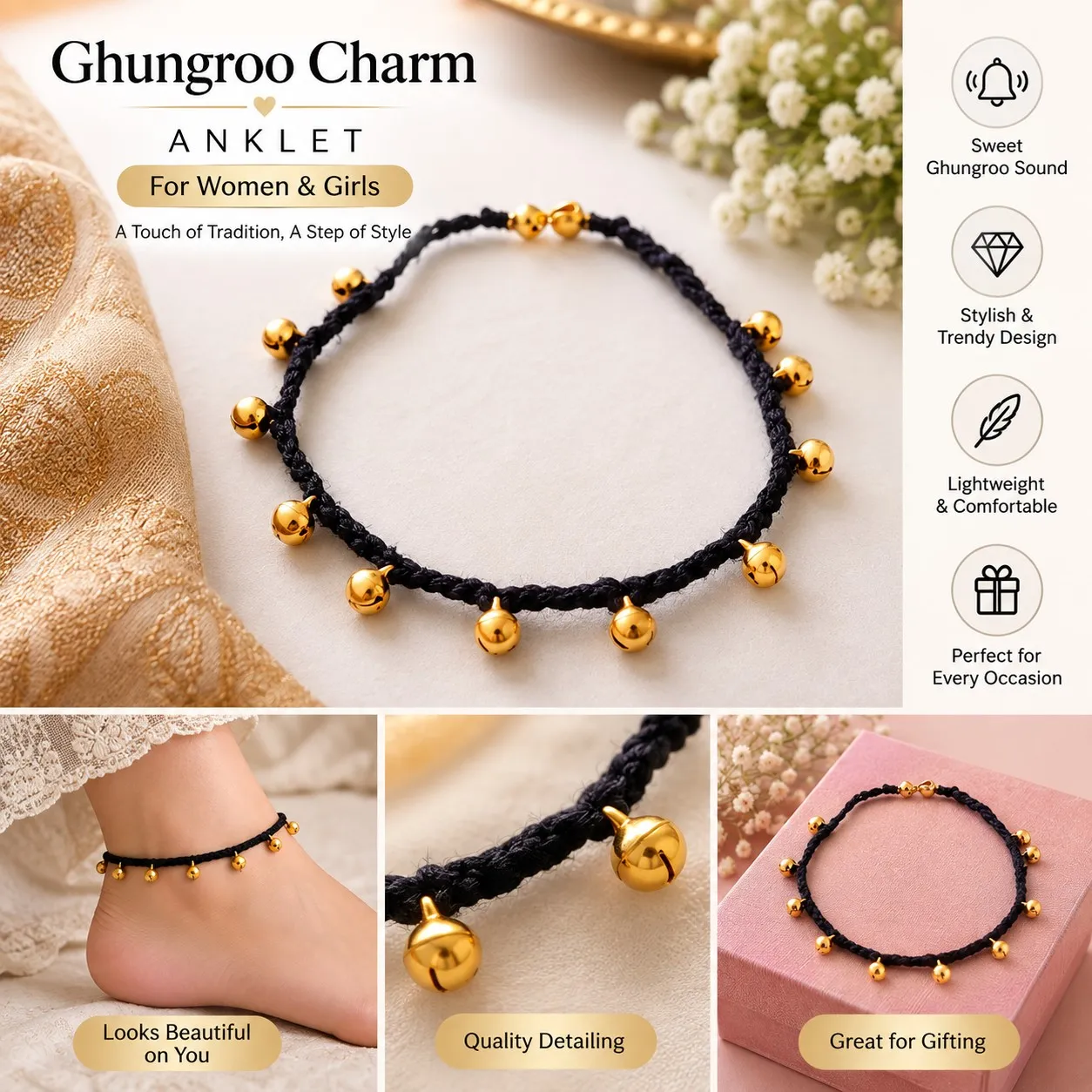 Homemad Black Thread Anklet with Golden Beads Payal for Women &Girls